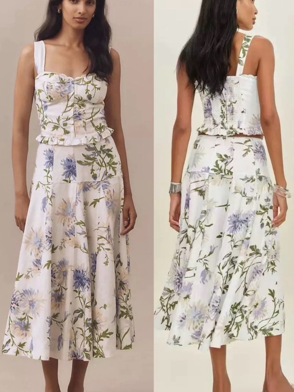 Reformation Anatolia Corset Tank & A-Line Midi Skirt linen Set white floral sz 4 - Picture 2 of 16